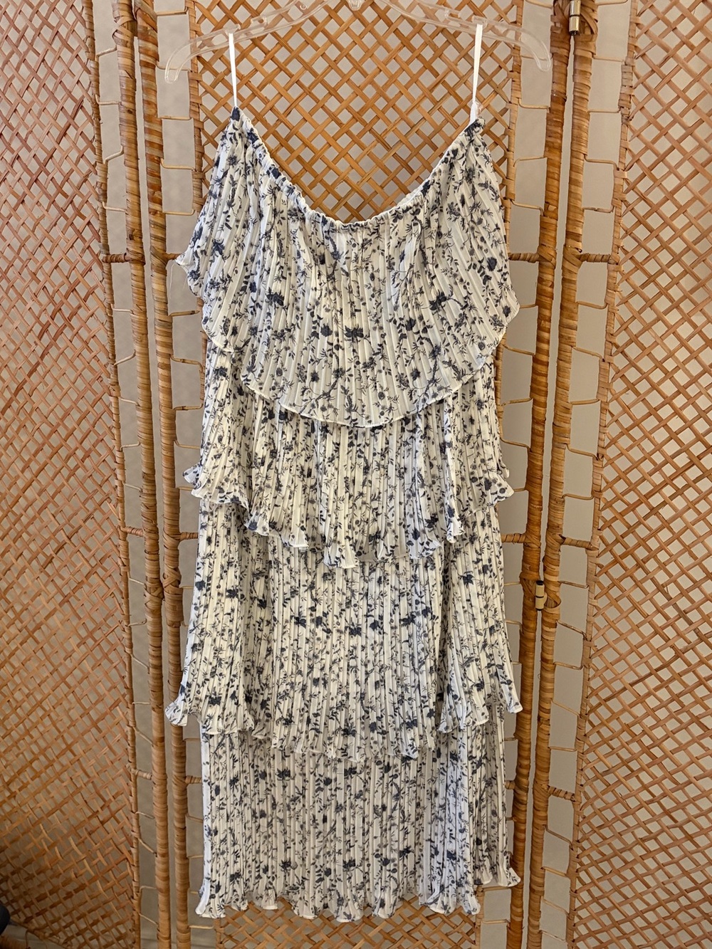 She + Sky White Strapless Midi Dress with Delicate Blue Floral Print